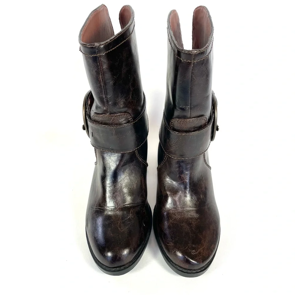 Maurices Jaina Dark Brown Big Buckle Faux Leather Ankle Heel Boots Size 8.5 - Picture 3 of 11